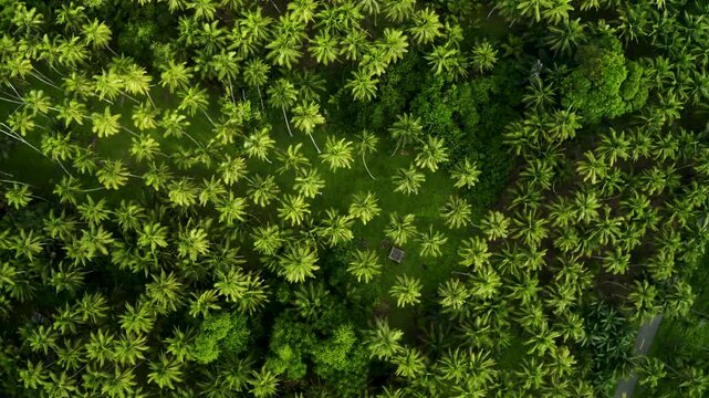 Aerial view of a dense plantation of palm trees with lush green tropical foliage and vibrant coconut palms from a top-down perspective Morotai, Indonesia.