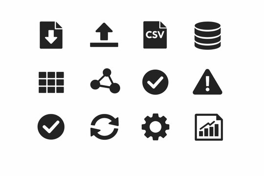 Data management icons set: download, upload, csv, database, and more symbols
