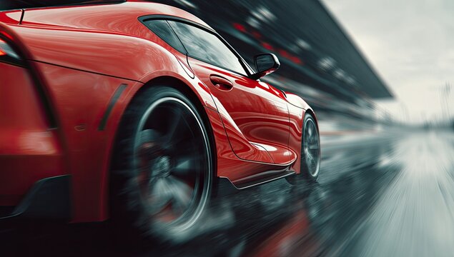 Sleek red sports car speeds on a wet track, blurred motion