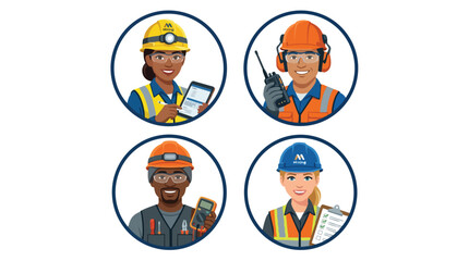 Fototapeta premium Set of diverse industrial workers avatars including mining engineers and technicians wearing safety gear like hard hats and high-visibility vests for professional industry use