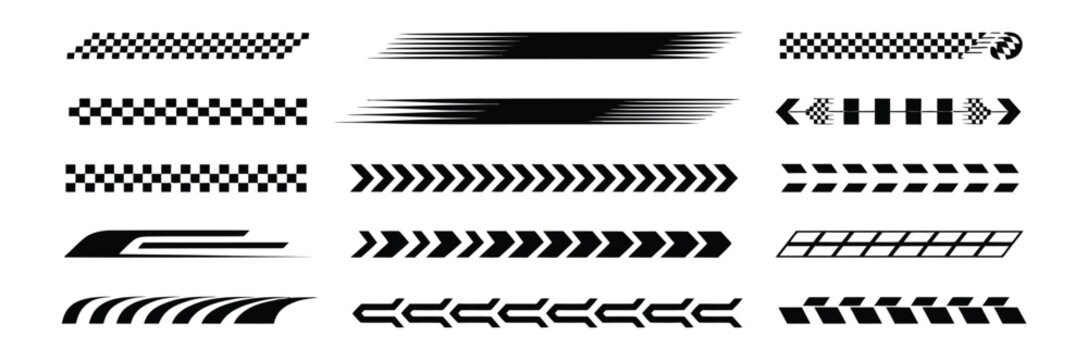 Racing car checkered flag patterns, finish line stripes, and dynamic speed decals