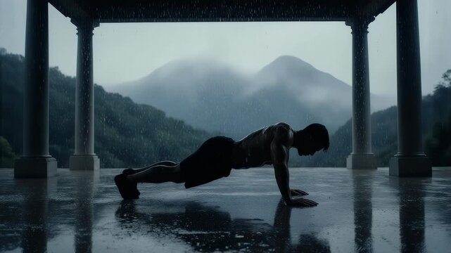man performing push ups on a mountain during rainy weather, intense outdoor fitness lifestyle under the rain, determined athlete training in nature with moody atmospheric background.