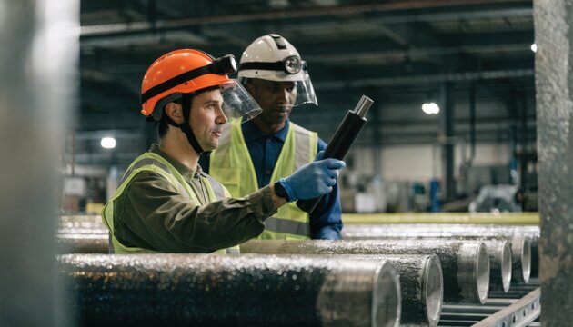 Inspection process in medium shot revealing quality control specialists examining coated pipes for uniform corrosion resistance before final distribution.