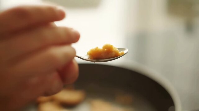 A close-up view of a hand carefully holding a spoon containing a small amount of golden-yellow culinary ingredient, precisely adding it to a cooking pan in a brightly lit kitchen environment