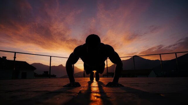Fit man doing push ups against a beautiful orange sunset background in the evening, healthy lifestyle and outdoor workout concept, inspiring physical strength training during golden hour.