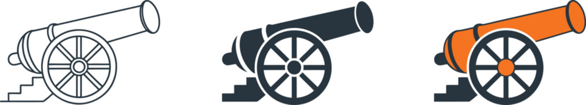 Three cannon outline, dark gray, and orange historical