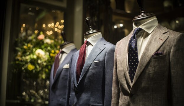 Three mannequins display tailored suits with silk ties and pocket squares