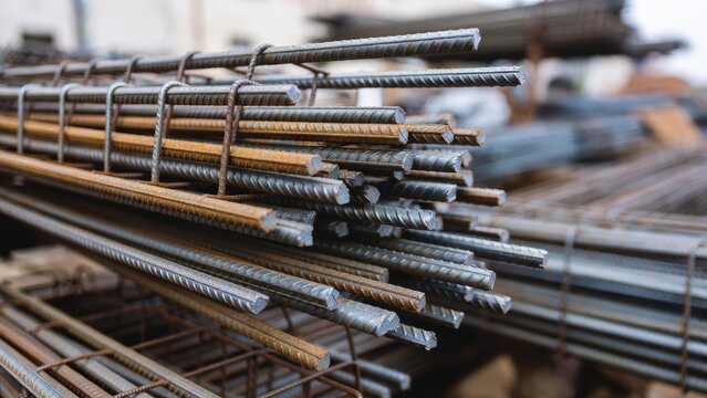 Close-up of Rusty Rebar Bundles Tied Together on a Construction Site