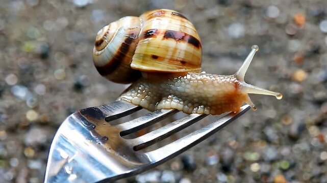 Snail on fork macro close up of gastropod mollusk on silverware