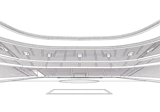 Black and white abstract line art illustration of an empty modern stadium interior view