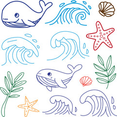 Obraz premium Cute hand drawn oceanic set featuring friendly cartoon whales swimming gracefully alongside rhythmic crashing waves of blue water plus delicate colorful starfish and beautiful seashells and green seaw