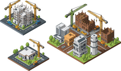 Detailed isometric urban construction site collection with industrial tower cranes heavy machinery residential buildings and street infrastructure for architectural development real estate © Mahsina
