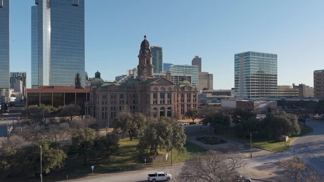 Fort Worth, Texas &ndash; February 18, 2026: Tarrant County Courthouse with downtown Fort Worth buildings in the background.