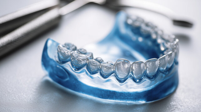 Dental mouthguard on a white surface with dental tools in background  
