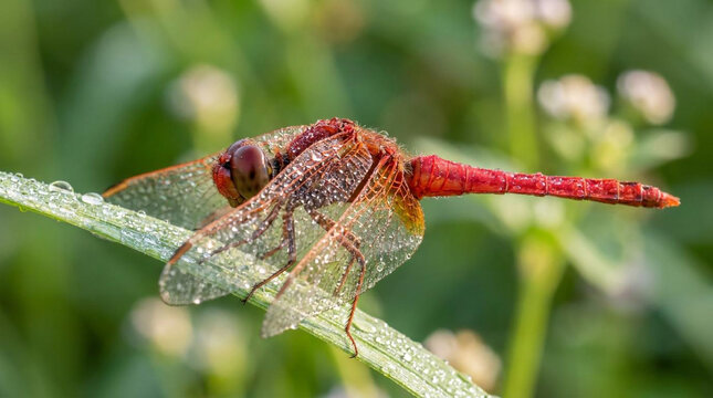 Close-up of red and brown aphid insect on green plant stem in natural light