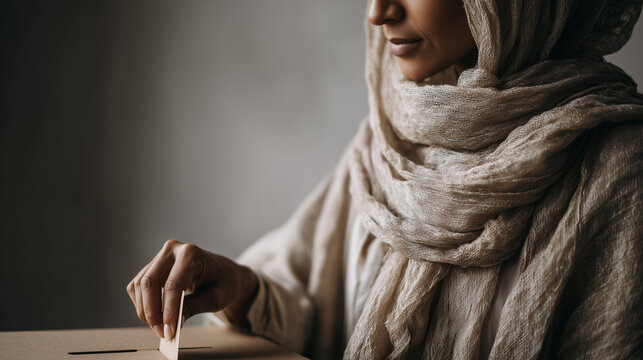Muslim woman casting vote into ballot box while focused on election  