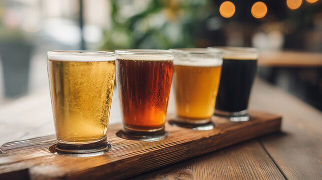 Flight of craft beers served in glasses on wooden paddle  