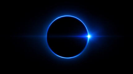 Obraz premium Glowing blue eclipse ring on black background, minimal futuristic cosmic circle with radiant light rays, abstract celestial energy concept and high contrast sci fi atmospheric halo