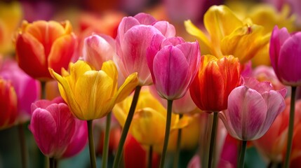 Obraz premium A colourful mix of yellow, red, and pink hybrid triumph tulips in bloom, showcasing vibrant spring flowers with rich natural tones and delicate petals.