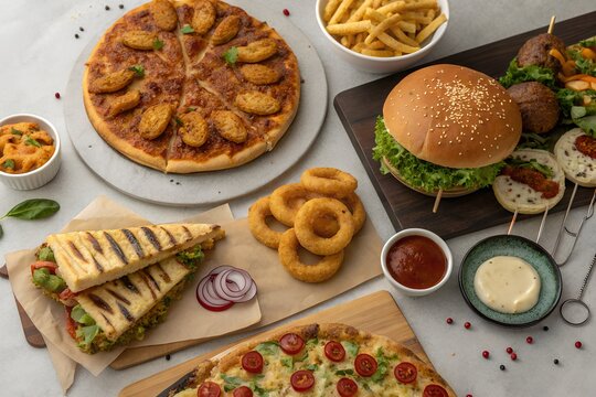 Top view of delicious fast food meal with pizza burger and onion rings