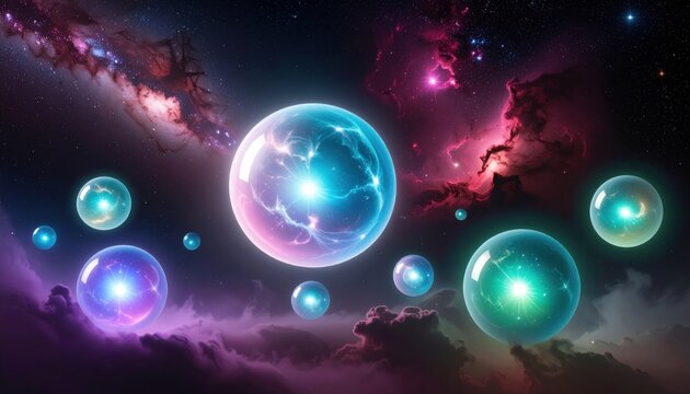 An array of glowing ethereal orbs floating amidst a swirling purple and pink cosmic nebula, representing magical energy sources in a vast and infinite celestial space environment.
