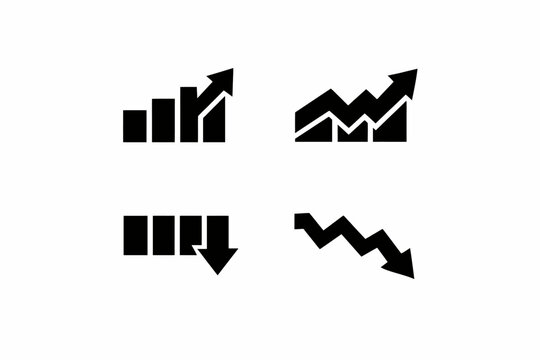 Set of four black and white graph icons representing growth and decline trends