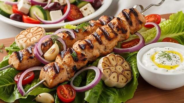 Grilled Chicken Souvlaki with Greek Salad and Tzatziki Sauce