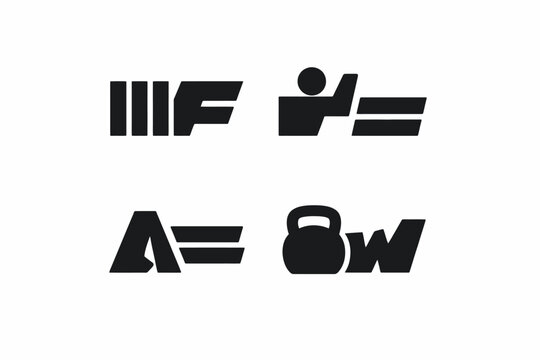 Abstract fitness logos featuring weightlifting and gym symbols