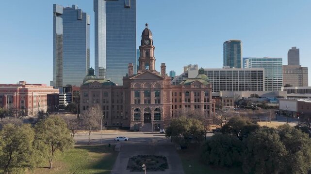 Fort Worth, Texas &ndash; February 18, 2026: Tarrant County Courthouse with downtown Fort Worth buildings in the background.