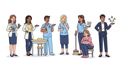 Obraz premium Diverse group of healthcare professionals and support staff in a hospital setting