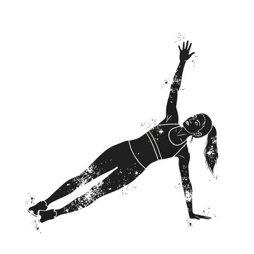 Woman doing side plank exercise, fitness silhouette, grunge effect