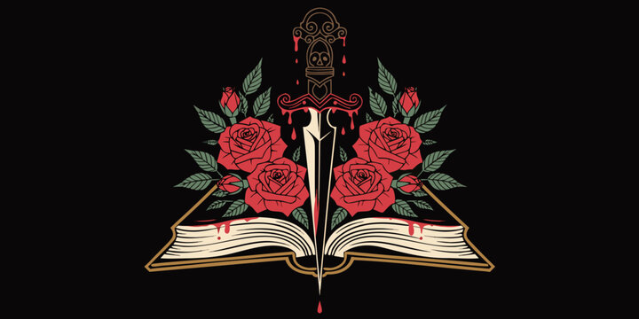 Detailed gothic illustration featuring a sharp dagger piercing through the center of an old open book surrounded by vibrant blooming red roses and green leaves on a solid deep black background.