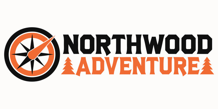 Northwood adventure logo featuring a bold graphic compass symbol placed next to rugged typography and stylized evergreen pine tree icons for outdoor brand identity designs