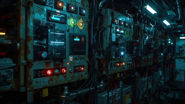 Industrial control panels with glowing lights, tangled wiring and digital screens in a gritty cyberpunk setting, evoking high-tech servers, circuitry and automation systems