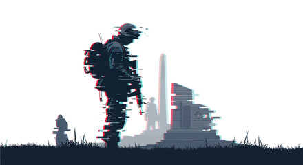 Obraz premium Silhouette of soldier standing at memorial monument with digital glitch art effect on white background isolated on white background