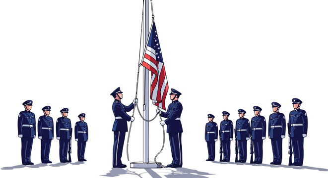 United States Air Force personnel performing flag raising ceremony with soldiers standing at attention isolated on white background