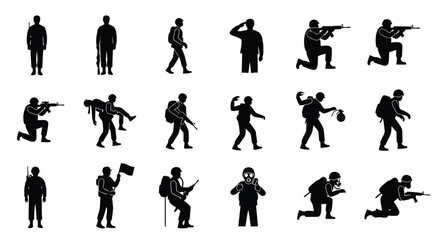 Obraz premium Set of black silhouette icons depicting various soldier actions and military personnel positions isolated on white background