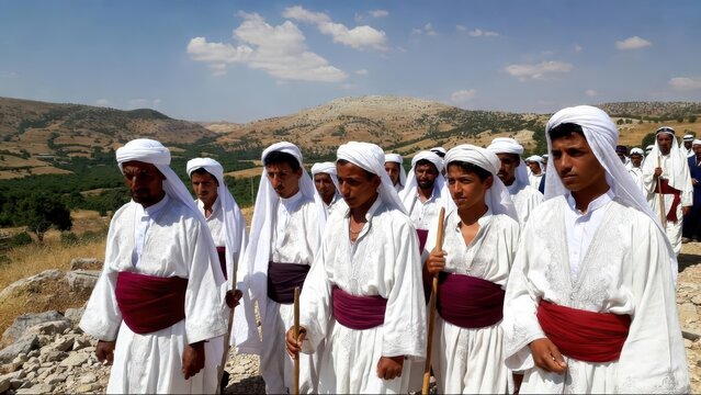 Young men in traditional white robes and turbans walk in a procession through a dry, hilly landscape.