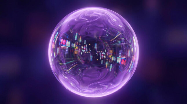 Futuristic digital eye with cityscape reflection in purple neon glow