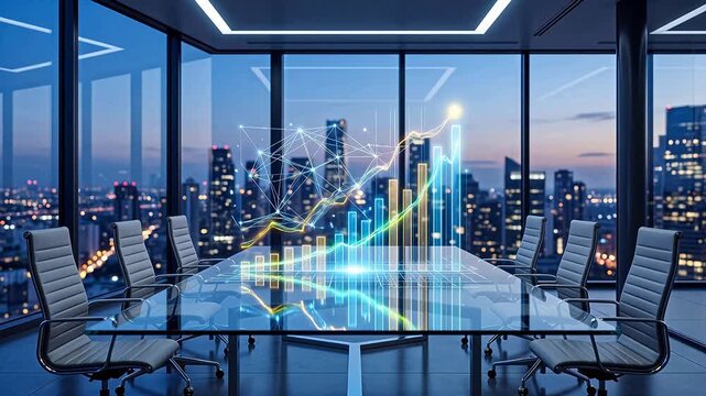 Business conference room interior with glass table reflecting holographic financial growth chart city skyline at dusk viewed through windows corporate strategy meeting space