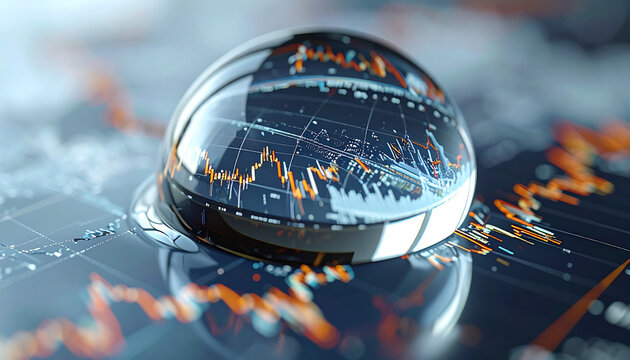 Financial Reflection: A captivating macro shot reveals a perfect water droplet delicately perched atop a financial graph, reflecting the intricate patterns of the market.