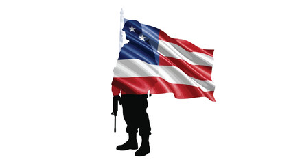 Obraz premium Silhouette of soldier standing with rifle holding waving American flag isolated on white background isolated on white background