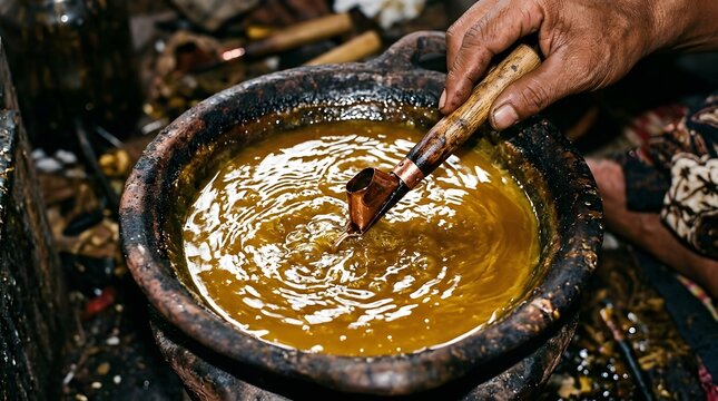 Close up of Artisan Dipping Canting Tool into Melted Hot Wax for Traditional Indonesian Batik Making