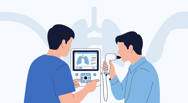 Doctor performing lung function test on patient with spirometer, medical equipment