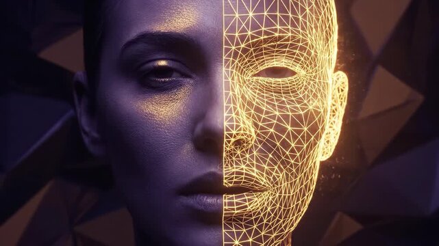 Womans face transforming into digital wireframe. Half human half cyber grid overlay with glowing lines. Futuristic technology and ai fusion concept for digital identity visualization.