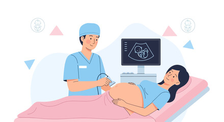 Obraz premium Doctor performing ultrasound on pregnant woman, showing baby on screen