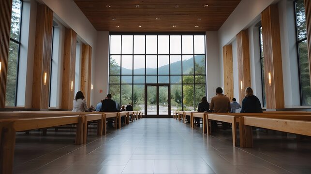 Modern sanctuary interior featuring rows of wooden pews and expansive that frame a breathtaking natural landscape view