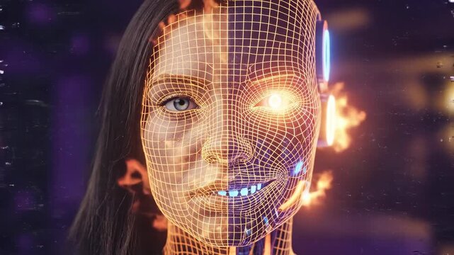 Womans face transforming from human to digital mesh in neon purple glow. Wireframe overlay evolves with energy bursts and cybernetic effects. Futuristic android portrait sequence showing synthetic