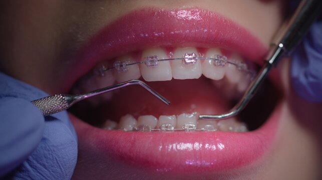 Cleaning teeth with dental braces, showing oral hygiene care with orthodontic brackets and a toothbrush, highlighting dental health and maintenance.