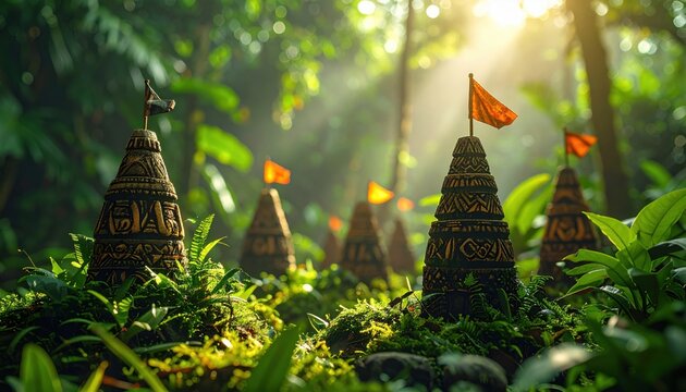 Miniature stylized tribal structures with orange flags arranged in a lush tropical forest under dappled sunlight, representing competing factions in an ancient mystical realm.